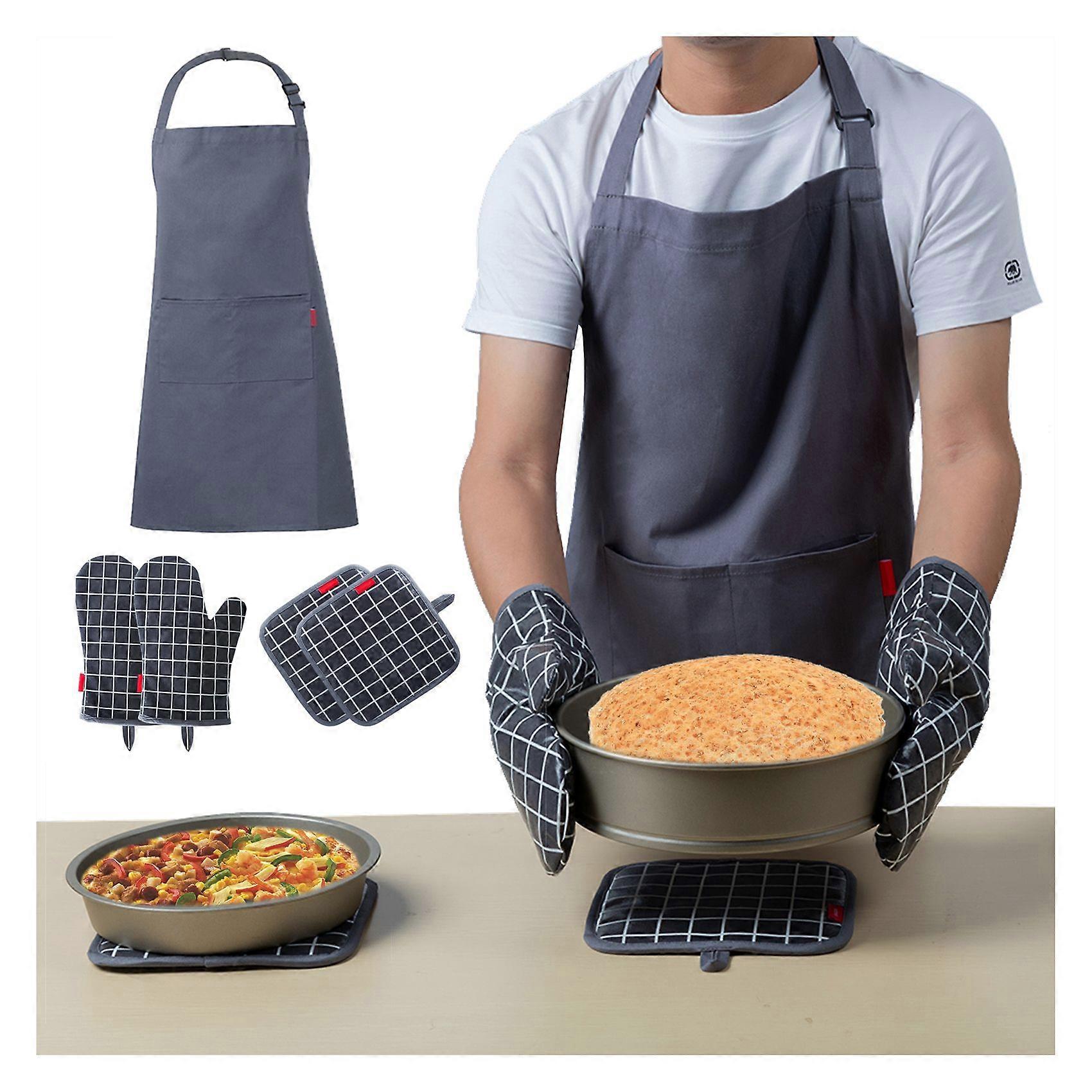 5pcs Oven Mitts Pot Holders With Pocket and Apron Cotton Lining Silicone Coating Surface Heat Resistant Kitchen Glove with Printed Grids Pattern Water