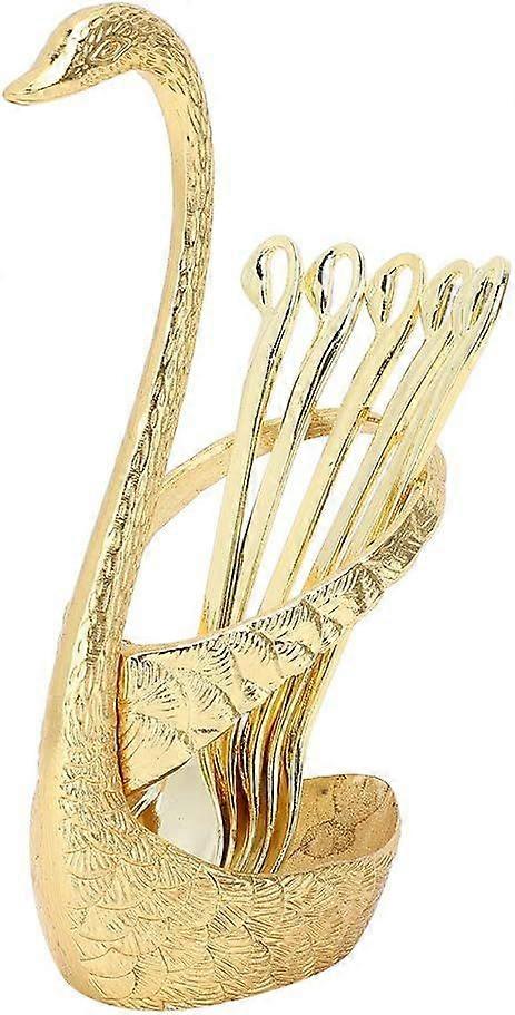 小さじ6杯セット、スワンベースホルダー付きミニデザートスプーン、ステンレススチール(ゴールド)