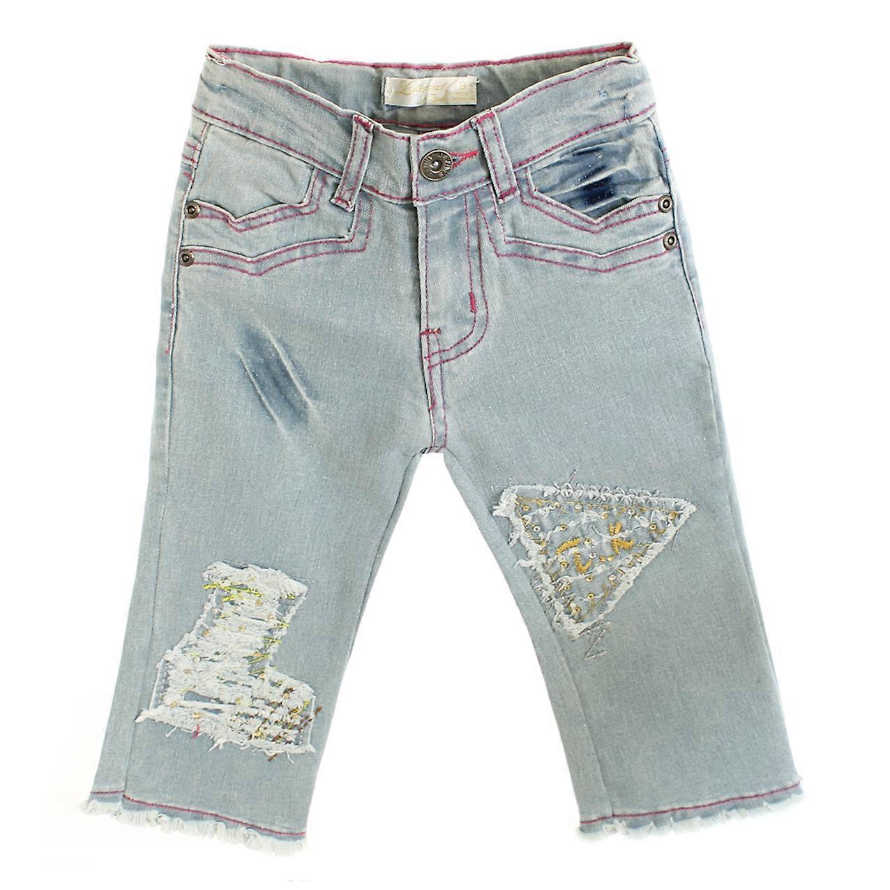 Bufi baby jeans with appliqués and frayed hem with sequins