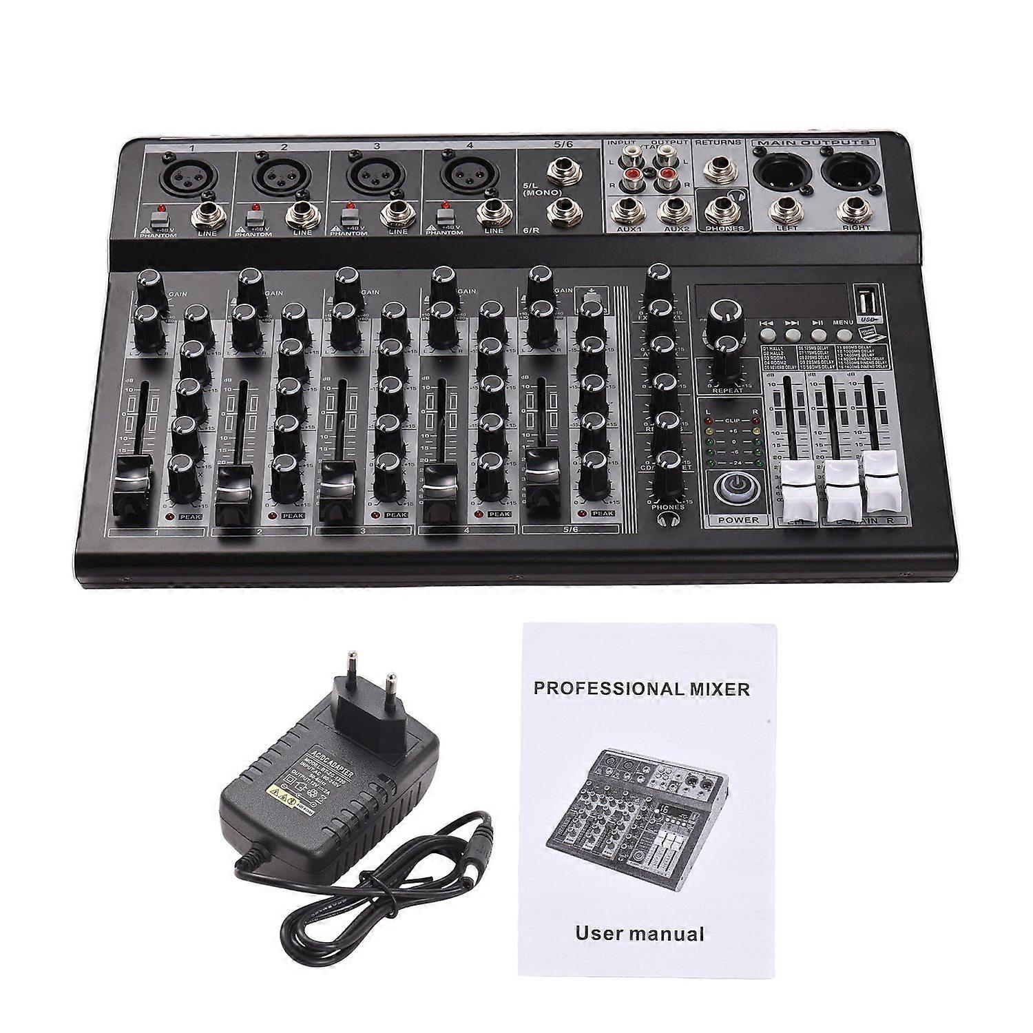 Audio Mixer 6-Channel Mixing Console 48V Phantom Power for Home Studio Recording DJ Network Live Bro