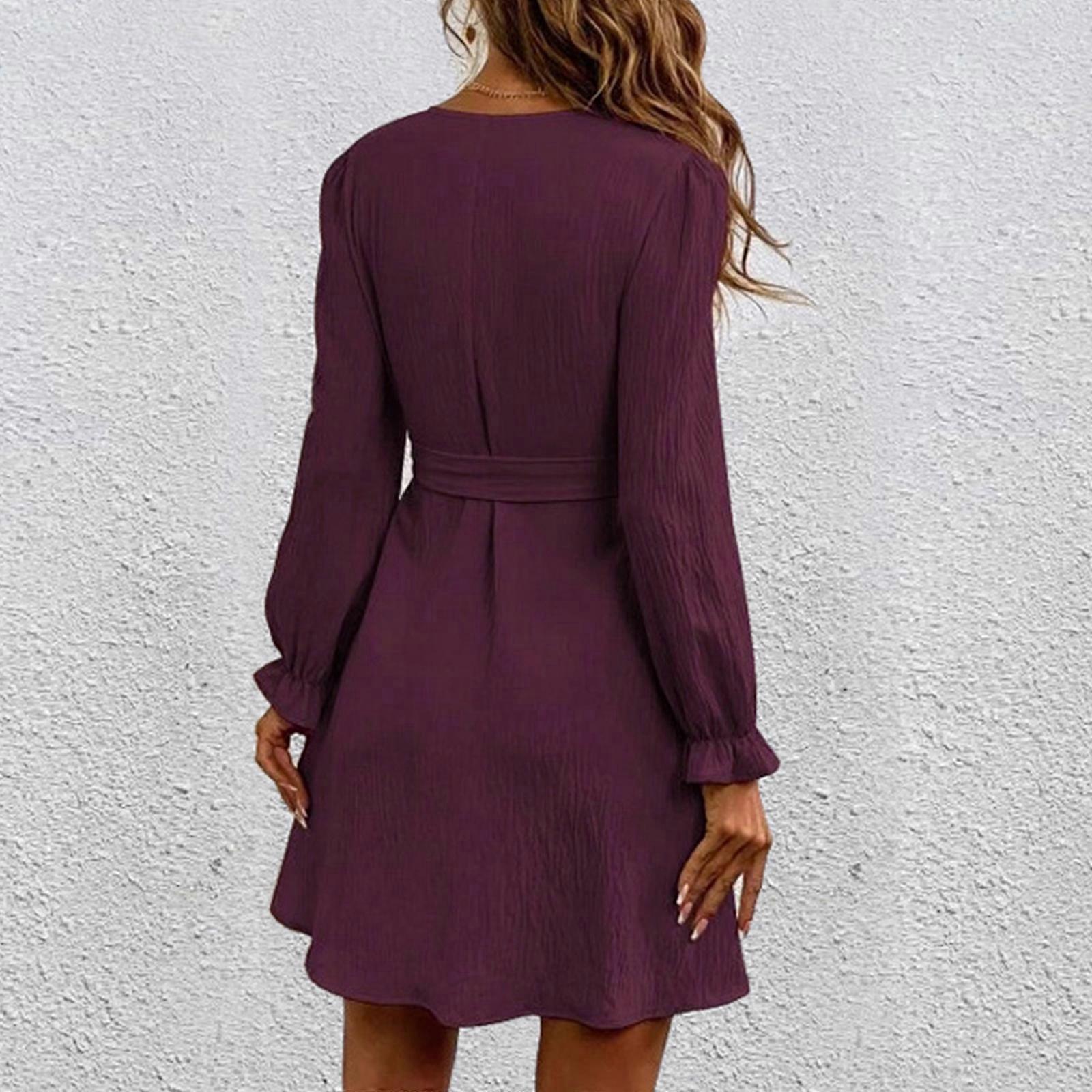 Naisten Kietaisu-Minimekko Kausaliteetti Syvä V-kaula-aukko Pitkähihainen Röyhelöhelma Virtaava Swing A-linjainen Mekko kanssa Vyö syvä violetti XL