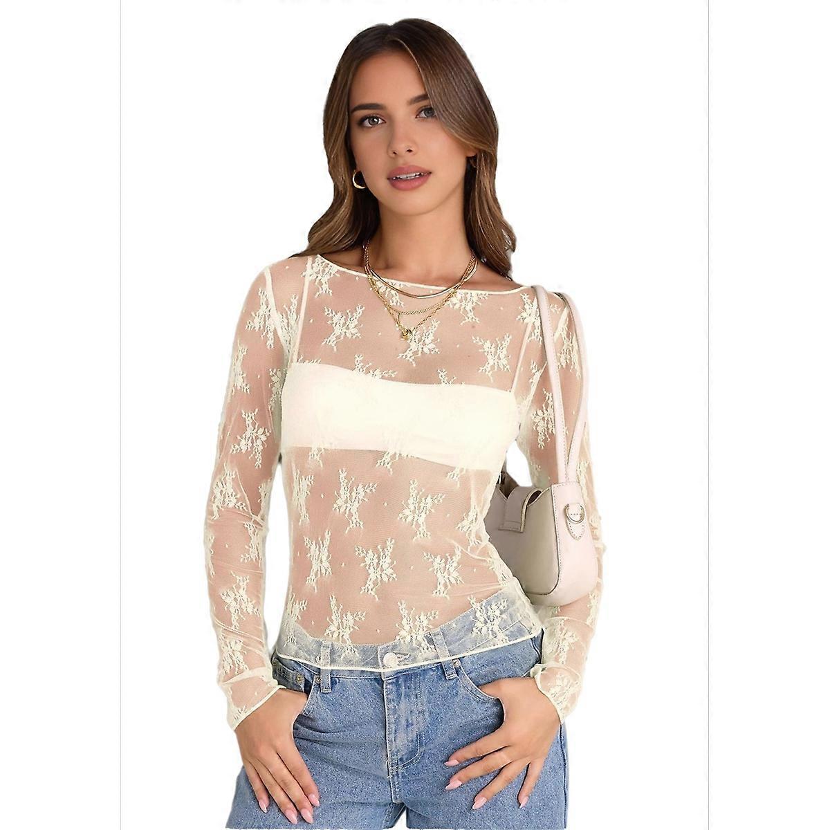 Lace Long Sleeve Top Beige L