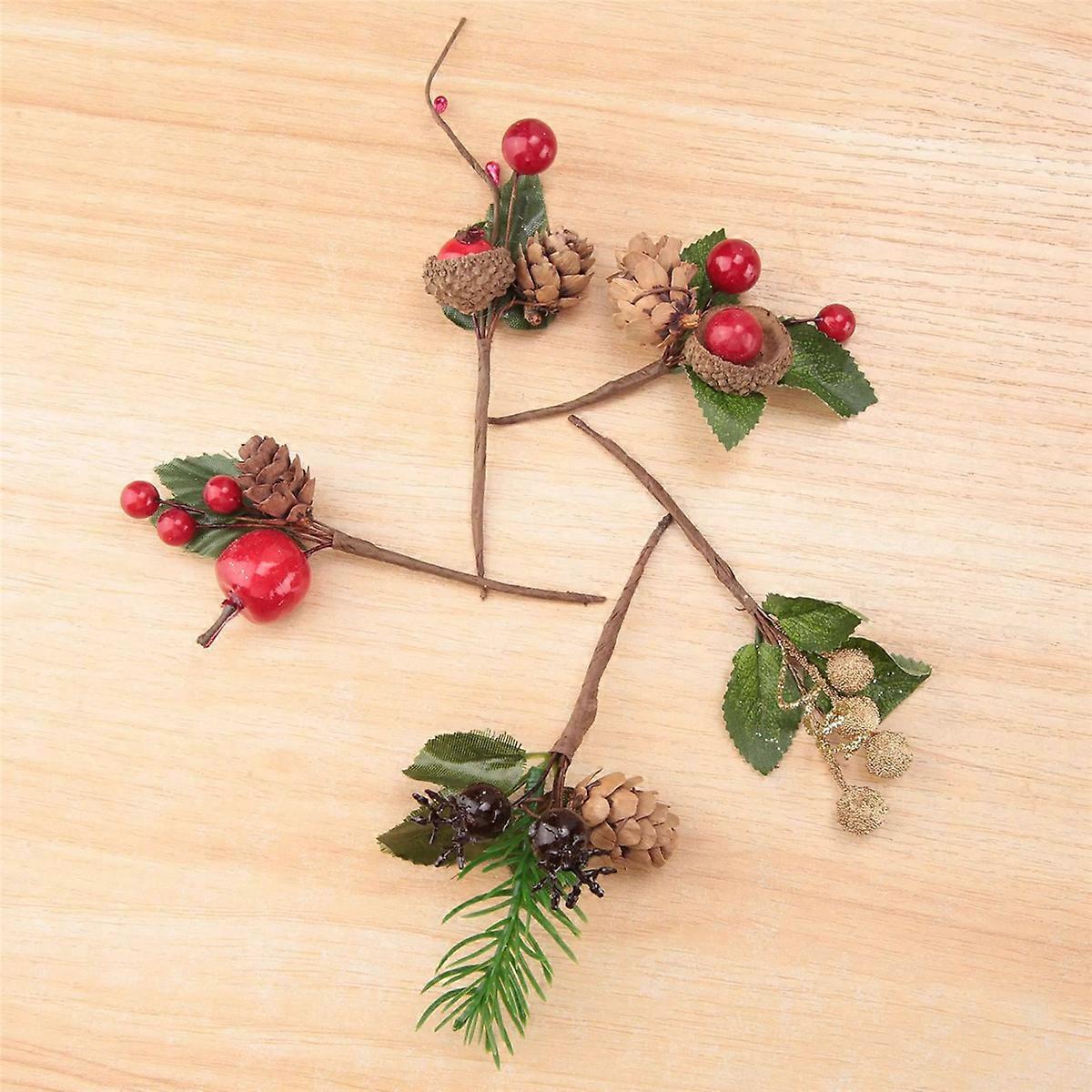 15Pcs Red Christmas Berry and Pine Cone with Holly Branches for Decor