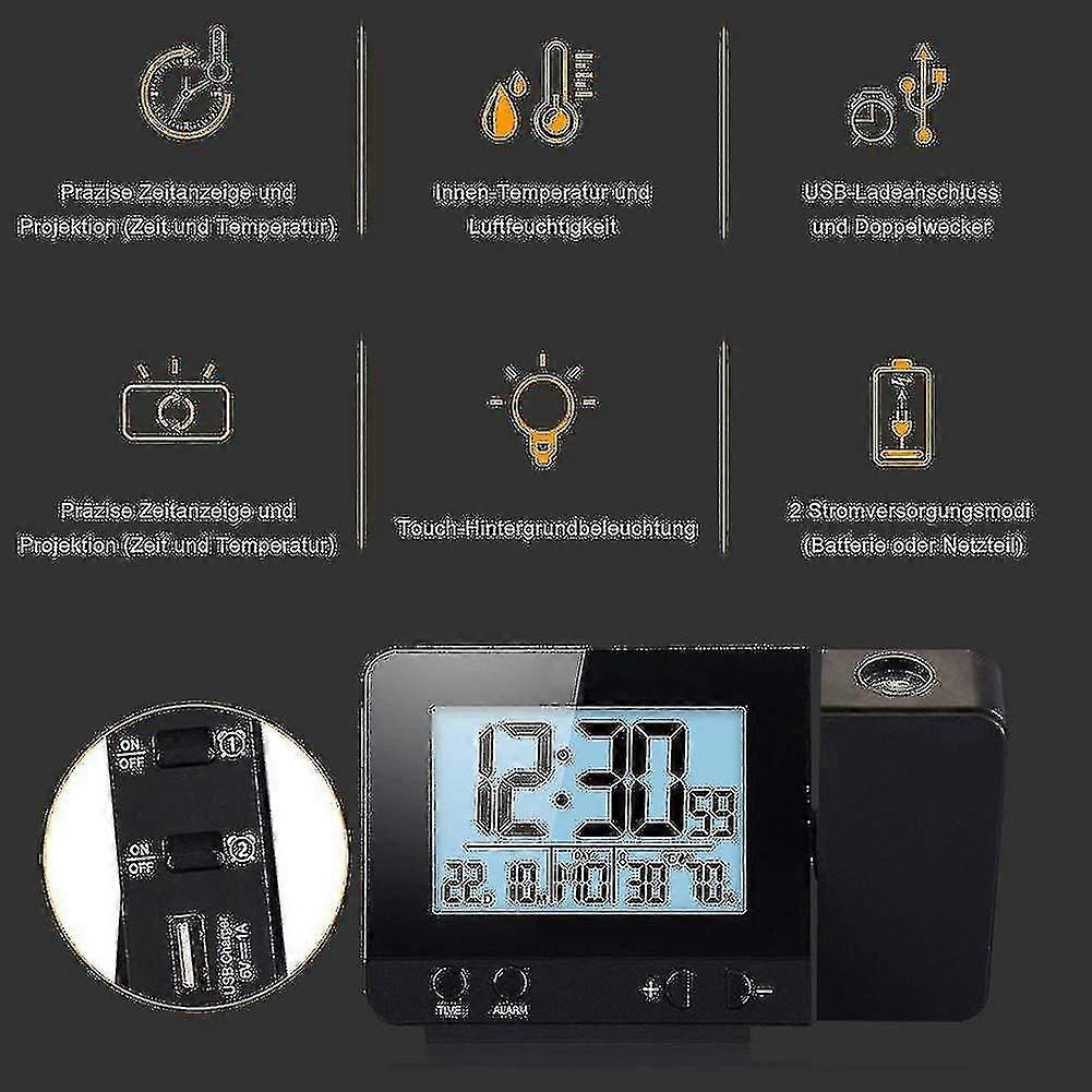 Projection Alarm Clock, Travel Alarm Clock With Projection Usb Connection Indoor Temperature And Humidity Table Clock Snooze Function