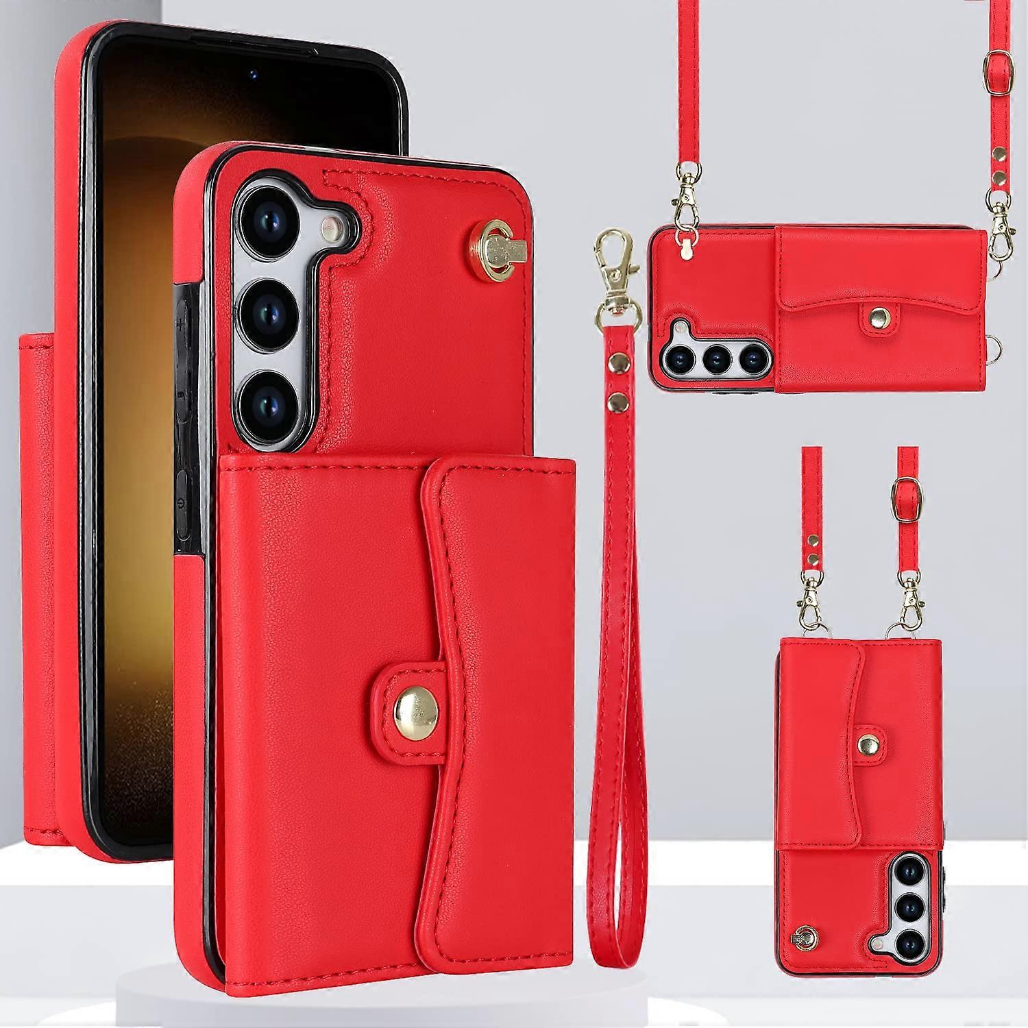 Phone Case for Samsung Galaxy S23 with Adjustable Crossbody Lanyard and Hand Strap, Shockproof Wallet for Women in Red