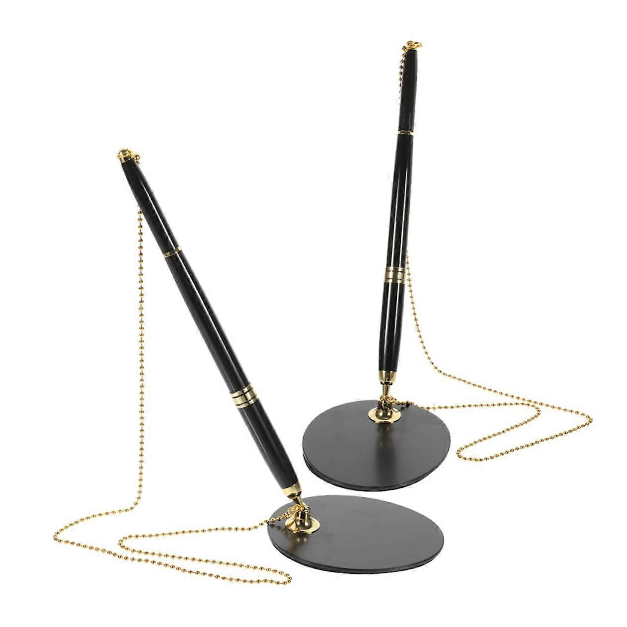 2pcs Secure Neutral Ballpoint Pens with Chain Holder and Base, Ergonomic Design for Office, Bank, and Hotel Supplies