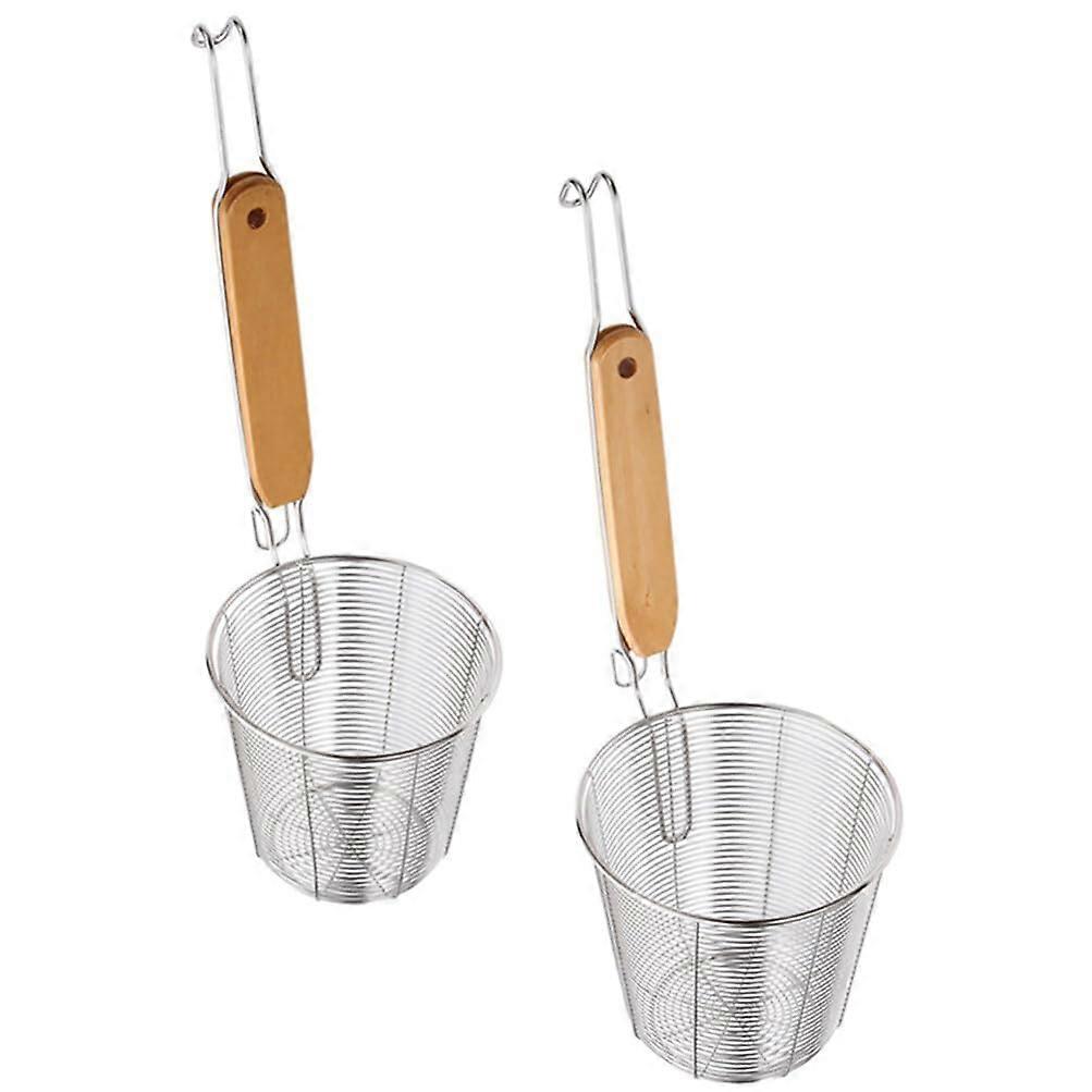 Mesh Noodle Basket with Wooden Handle, Stainless Steel Mesh, Strainer for Pasta, Spaghetti, Dumplings