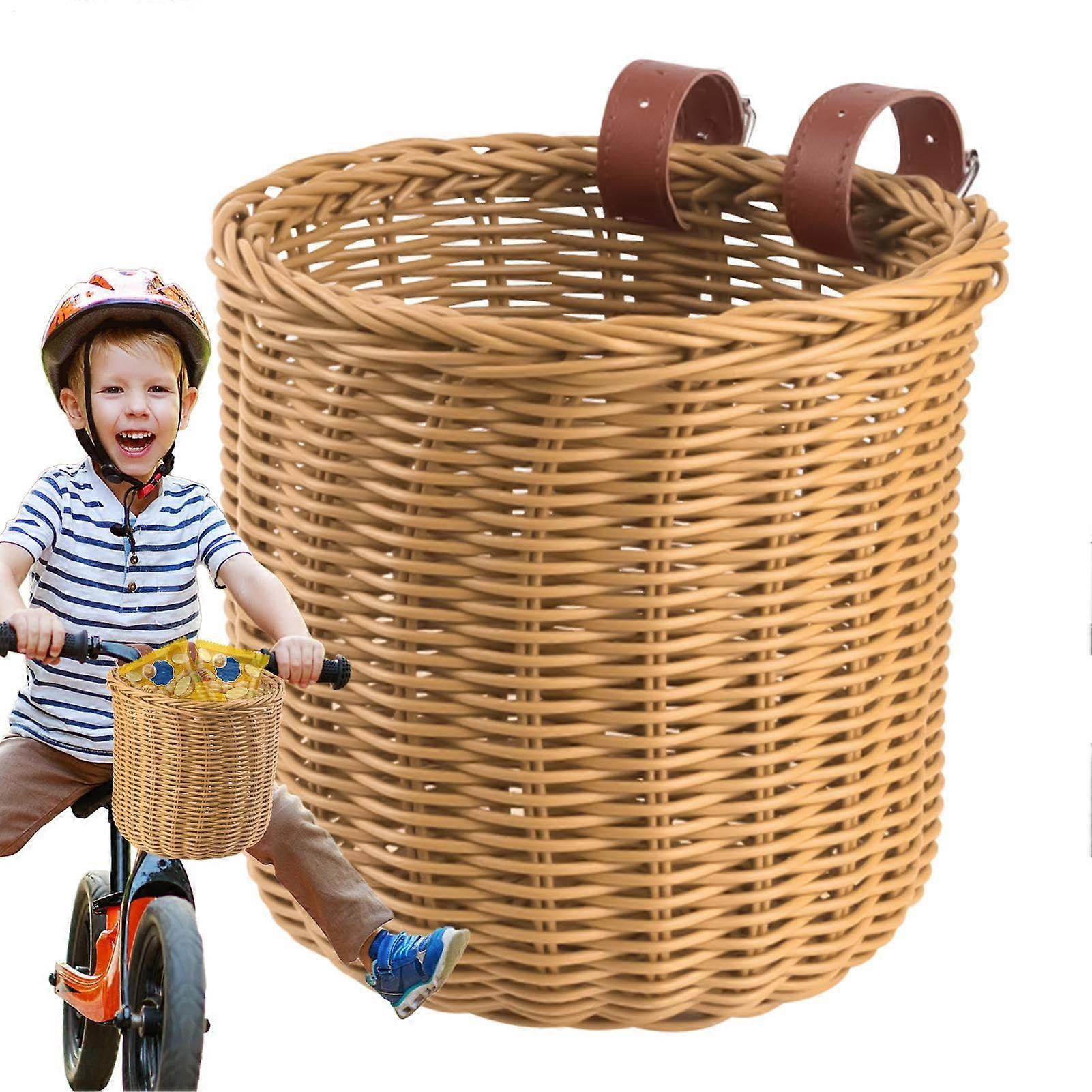 Kinder-Fahrradkorb Front Child Bicycle Basket For Kids | Apricot Handwoven Rack With PU Straps, Large Capacity