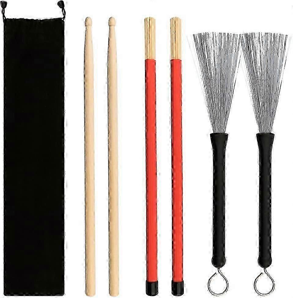 Set of 6 wands for battery 5 A Drum Sticks in maple wood and bamboo cran brush funk with a velvet bag