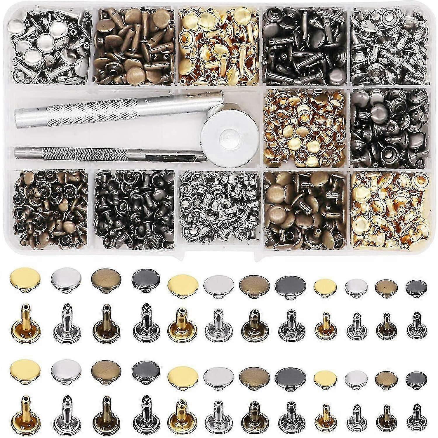 480 Sets Leather Rivets, 3 Sizes 4 Colors Double Cap Rivet Tubular Metal Studs With Setting Tools