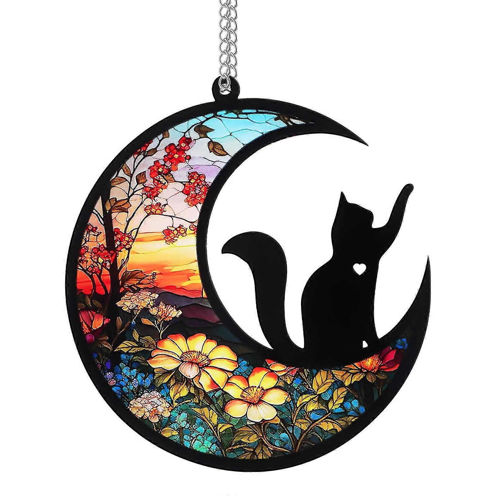 Cat Moon Pendant Hanging Ornament Stained Style Window & Wall Decoration for Cat Lovers Unique Memorial Decor