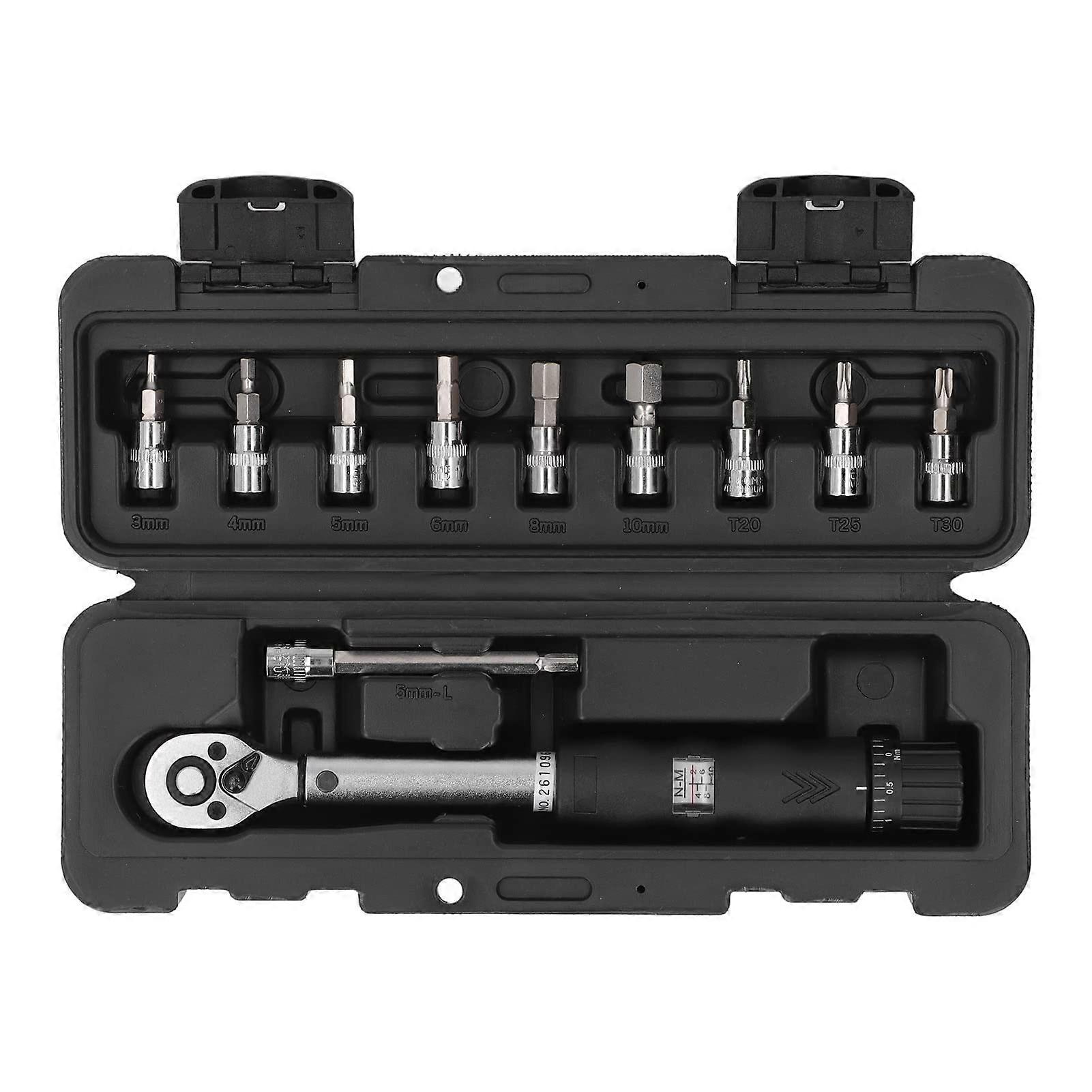 Torque Wrench, Two-Way Rotation, Adjustable 2-14 Nm, 1/4-Inch Drive, 9-Socket Set