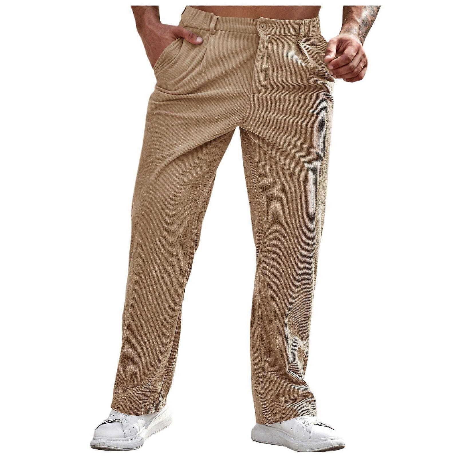 Men's Harem Trousers Lightweight Elastic Waist Casual Fit Lined Corduroy Pants with Pockets in Khaki Size L