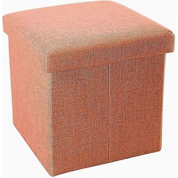 Folding Ottoman 30x30x30 cm in Mandarin Orange - Decorative Storage Box in Linen-Look Fabric to Save Space