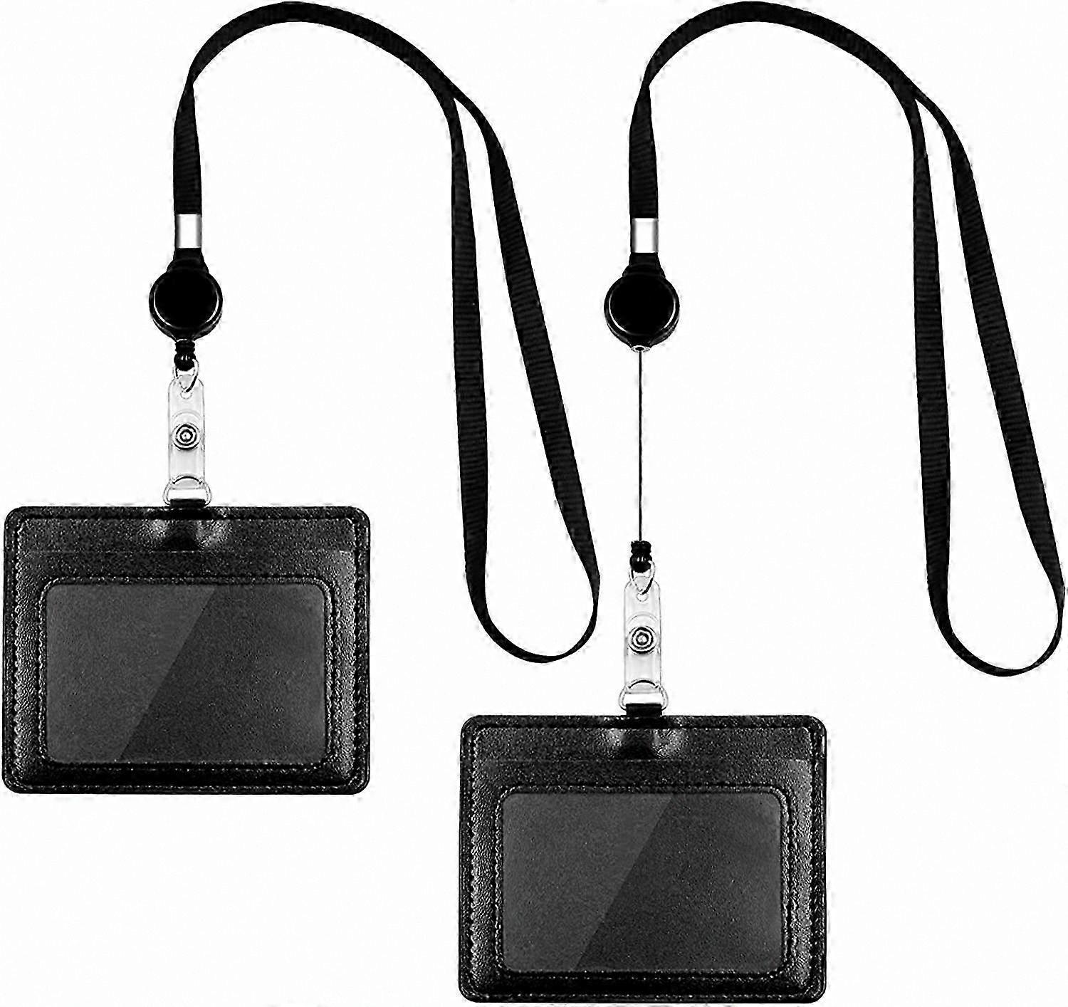 Double-Sided PU Leather Name Badge Holder with Retractable Lanyard, Adjustable Neck Strap for ID Cards, Horizontal Card Display with Long Reel Cord