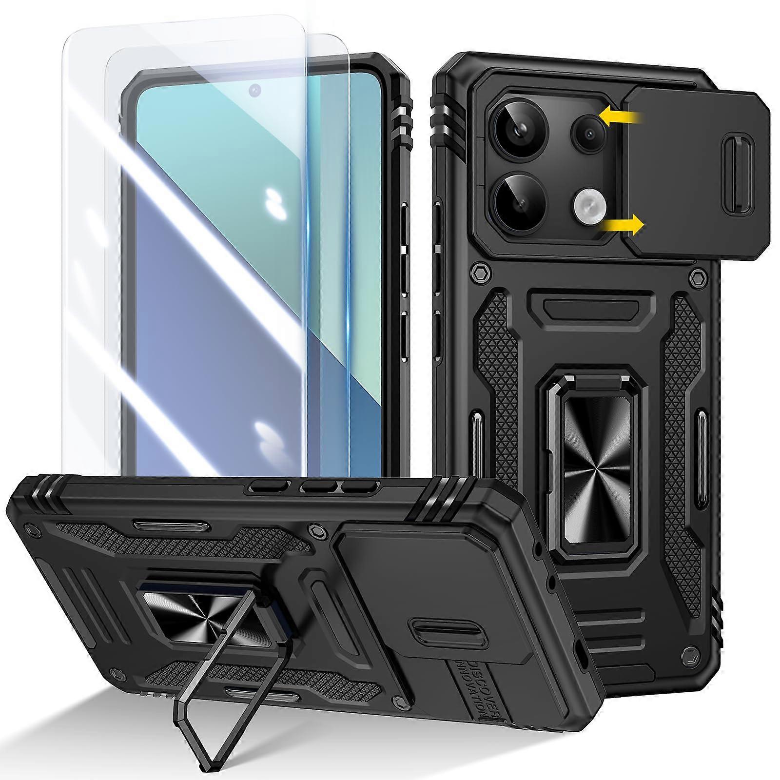 Xiaomi Redmi Note 13 4G Case with Screen Protector, Camera Protector Magnetic Stand Black