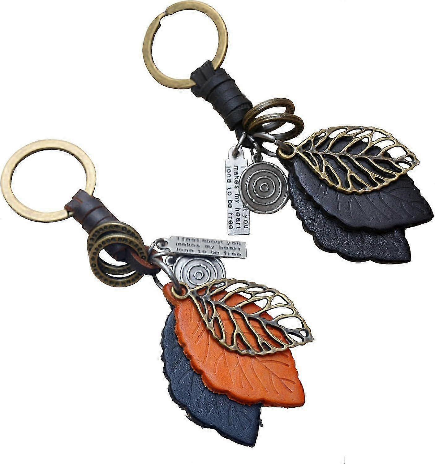 2pcs Vintage Cowhide Keychain, Double Leaf Keychain Decorative Accessories