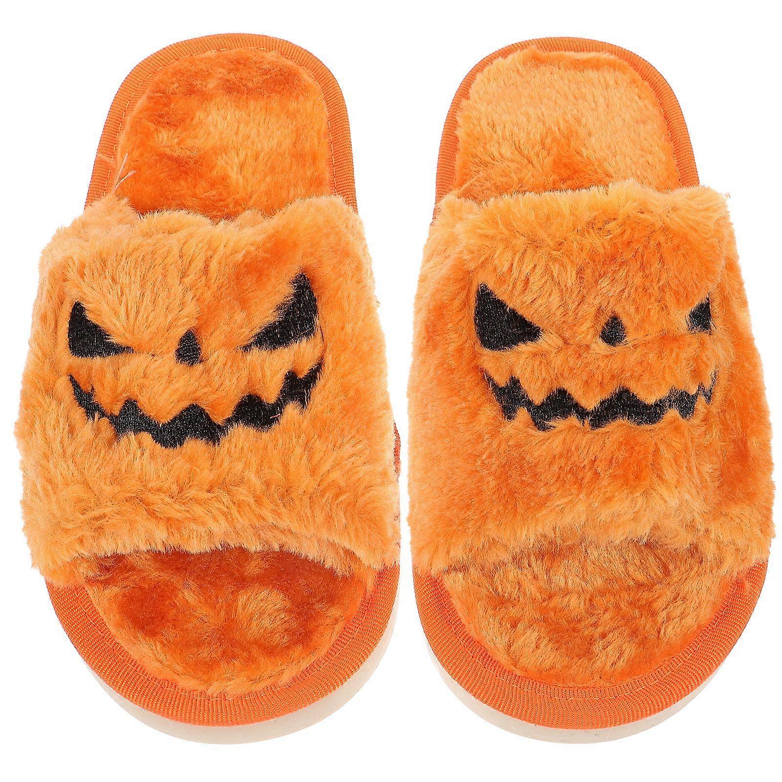 1 Pair Halloween Slippers Pumpkin Slippers Plush Slipper Non-slip Sole Soft Slipper