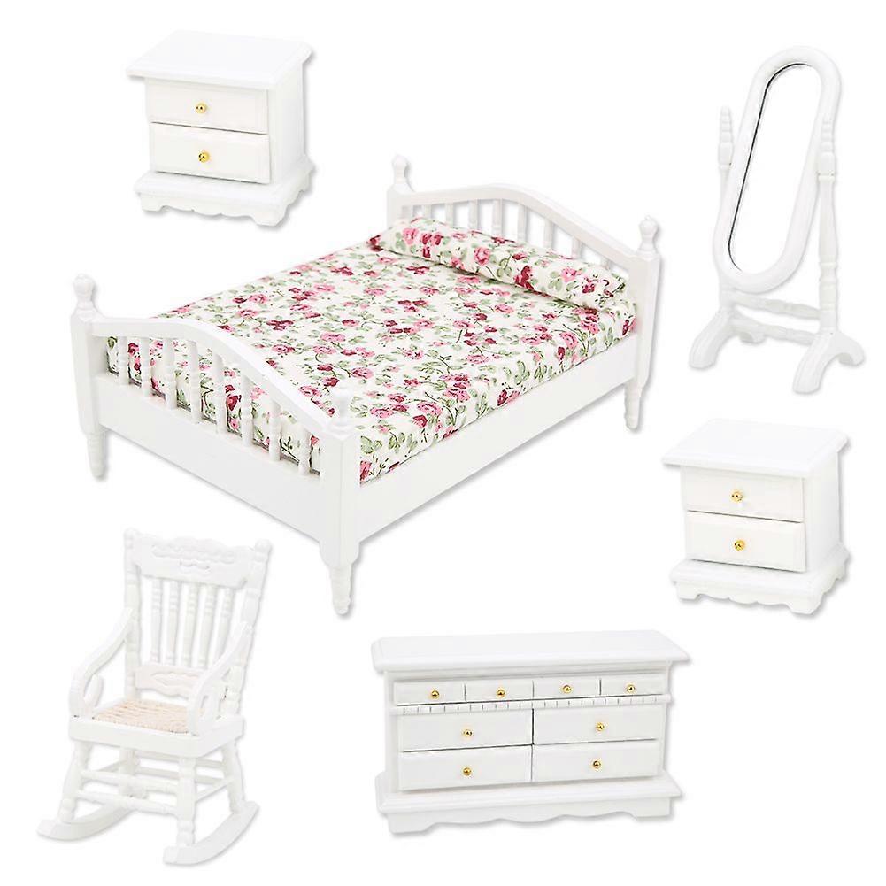 1:12 Mini Furniture Double Bed Long Mirror Bedside Table Chair Cabinet Doll House Accessories6pcs / Set
