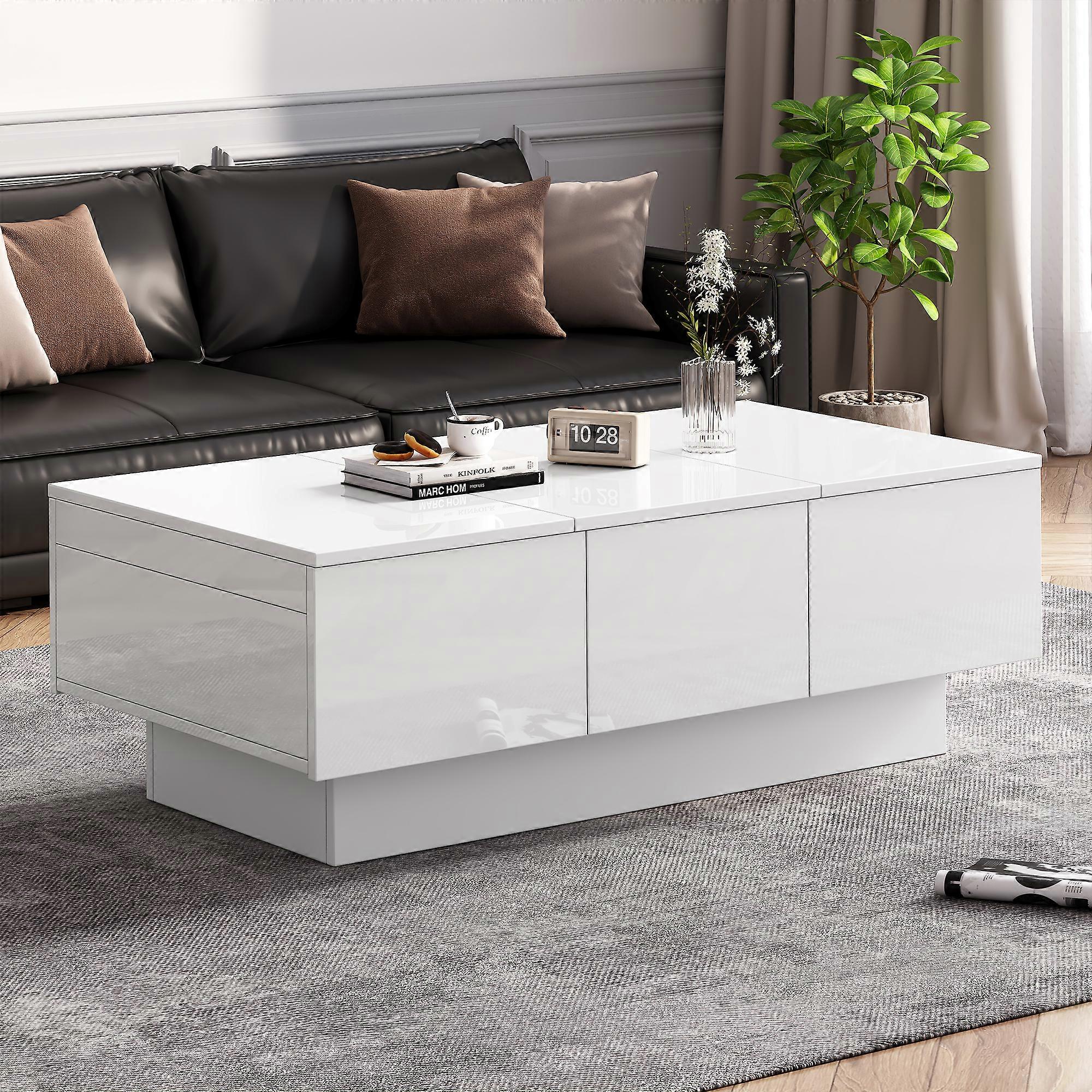 Modern Coffee Table White High Gloss Hidden Sliding Elegant Design