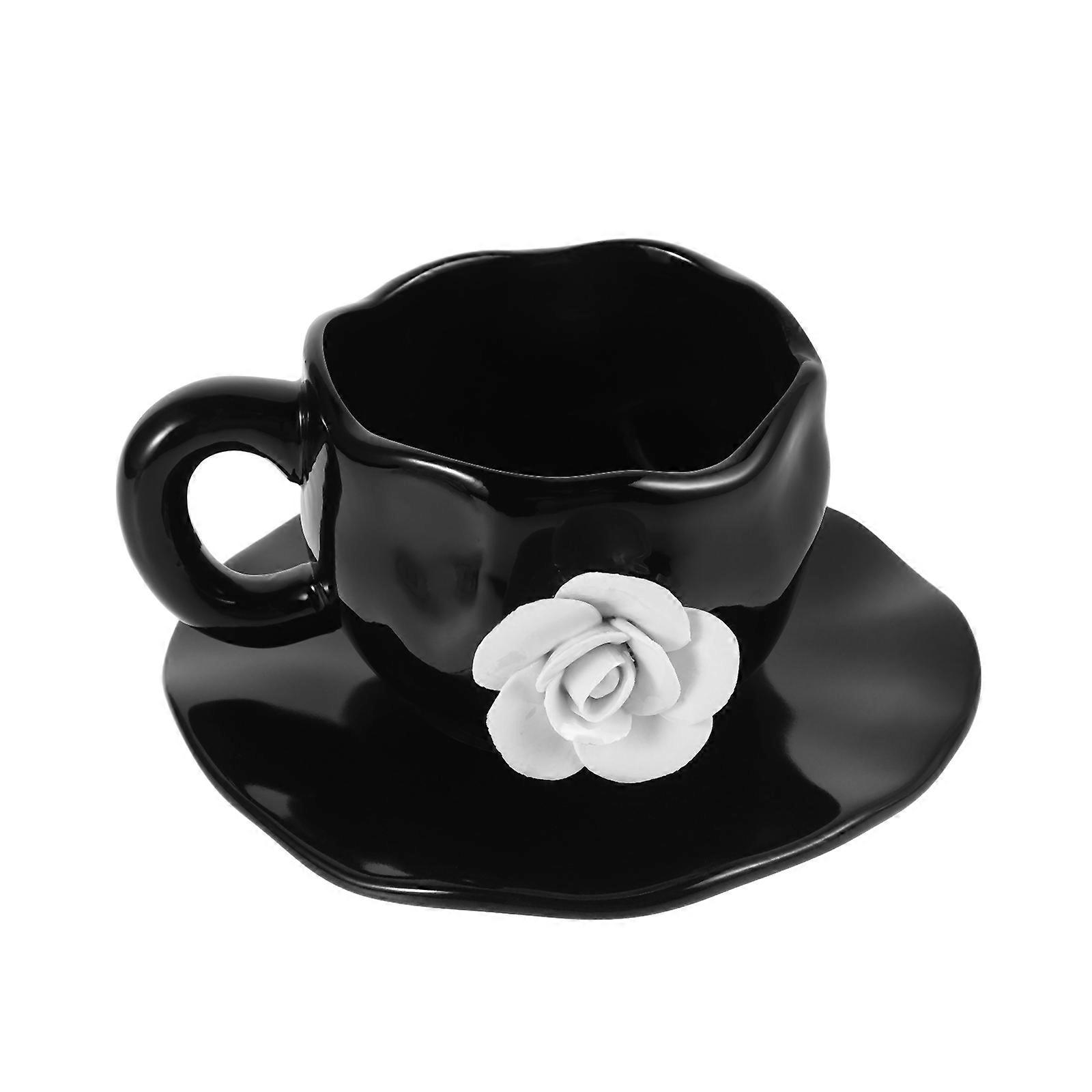 Ceramic Coffee Mug Tea Cup with Saucer for Drinking 2Sets Black Afternoon Use