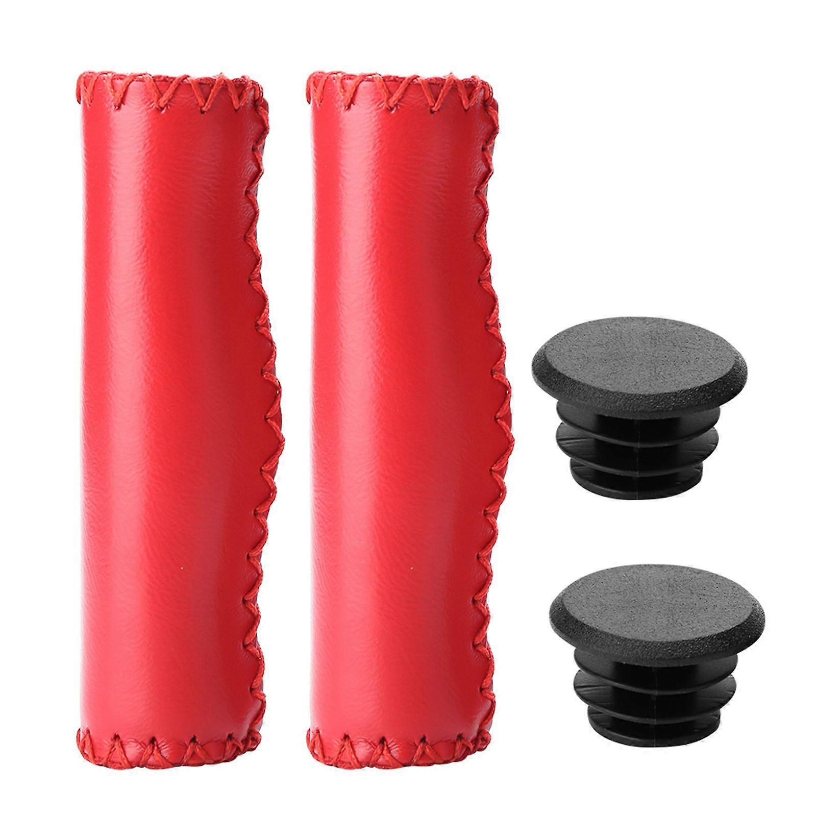 1 Pair Hand stitched PU Bike Bicycle Handlebar Handle Bar Grips with Plug(Red)