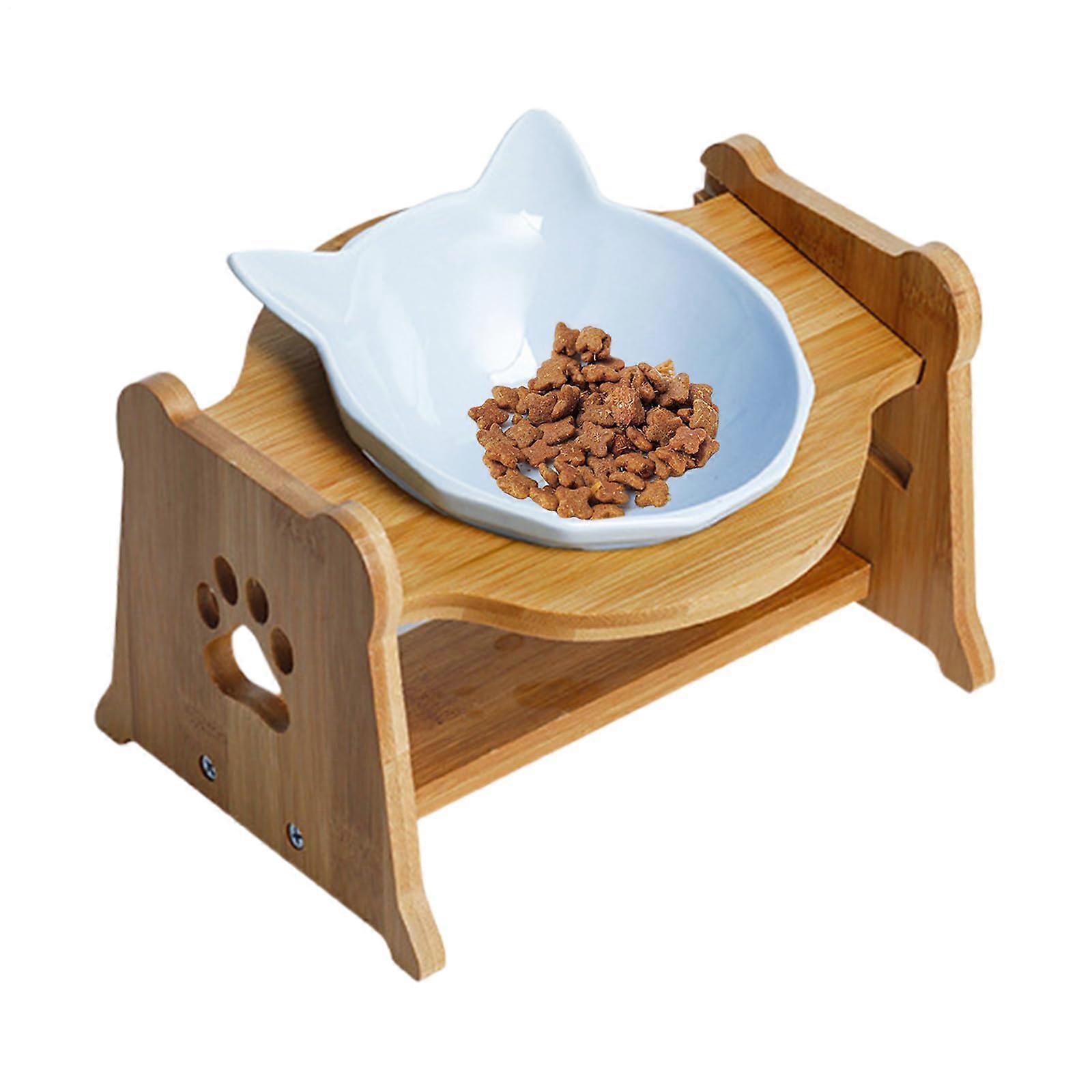 Ceramic Raised Cat Bowl  Anti Vomiting, Ergonomic Inclined Design, Raised Cat Feeding, Cat Ear, Bamboo Frame, Pure Blue
