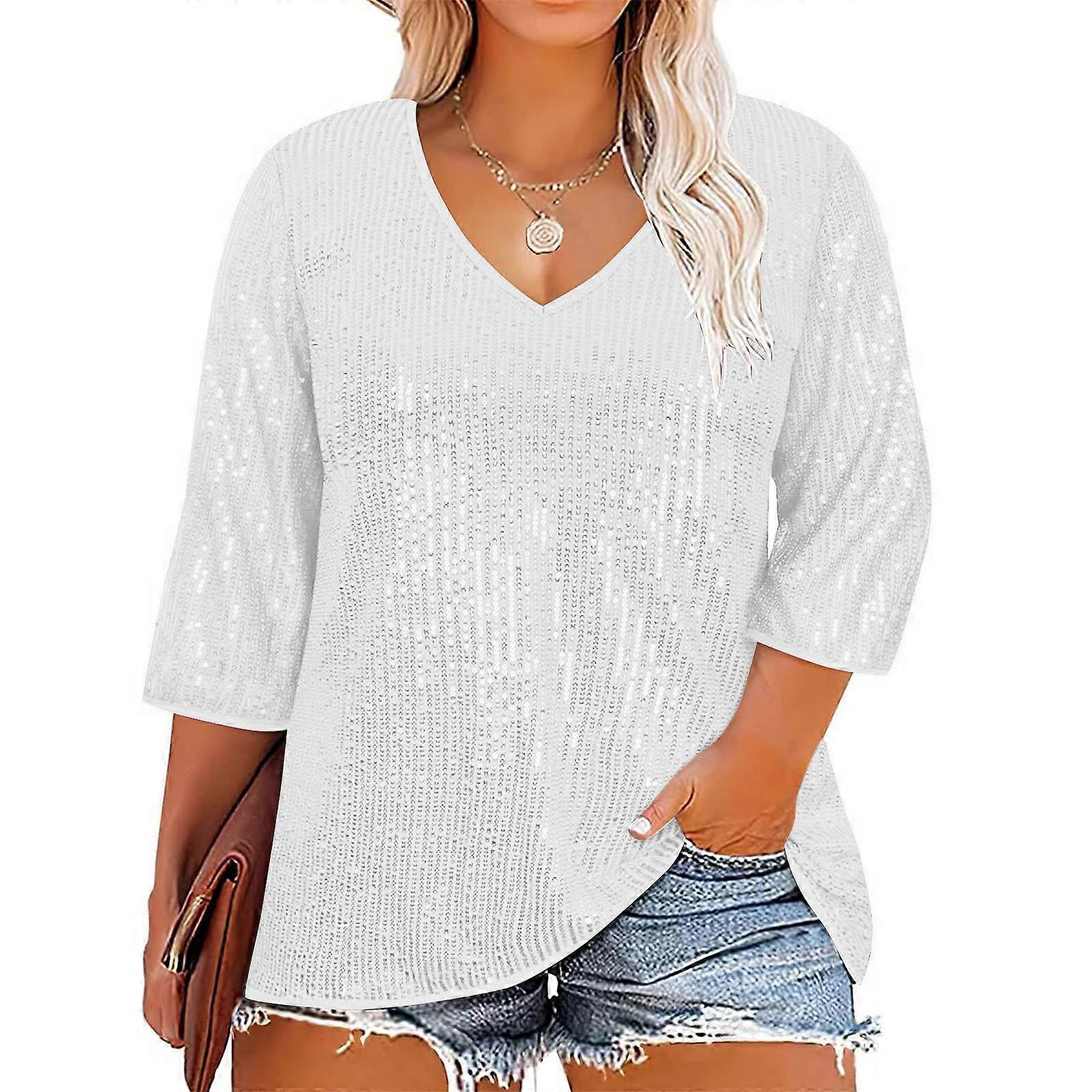 Ladies Sequin V Neck Tops Loose Blouse Christmas Party Shirts Pullover PLUS SIZE