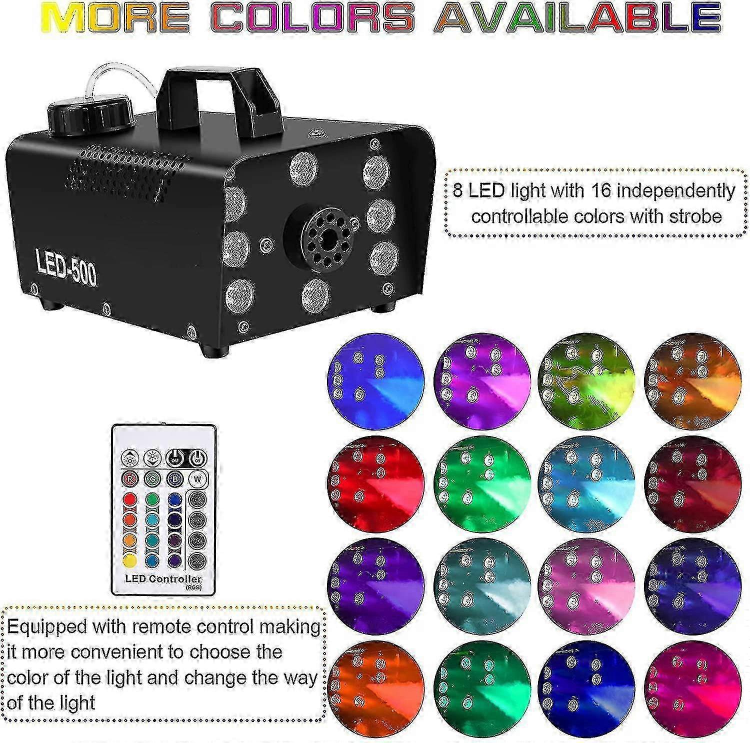 Machine à fumée télécommandée avec 8 lumières LED colorées, puissance 500w et 2000-4000cfm avec télécommandes sans fil, parfait pour le mariage, Halloween et