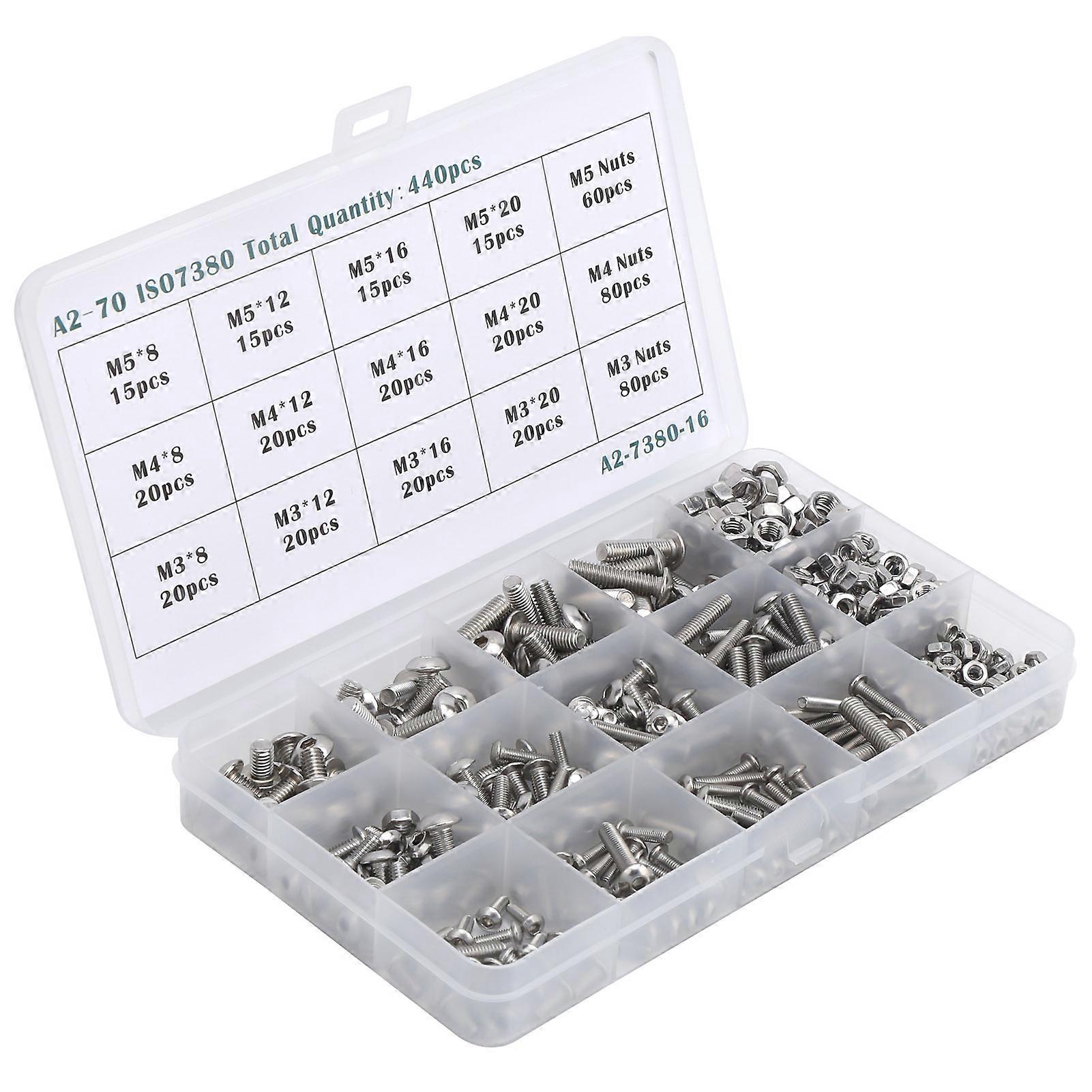 440PCS M3/M4/M5 Hex Socket Screw with Nut Assortment Set Stainless Steel Fastener Hardware
