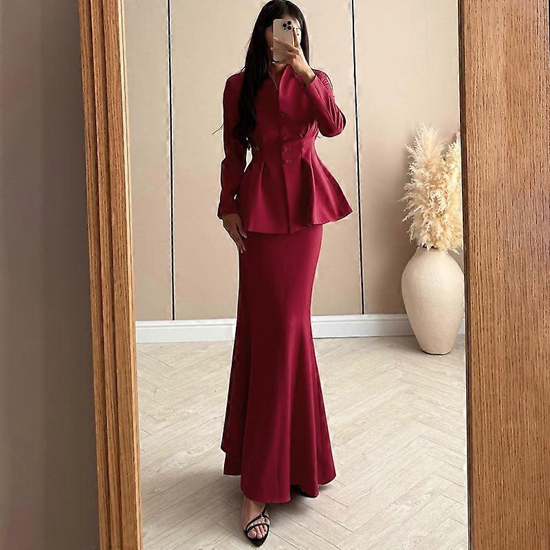 Autumn/Winter Women's Elegant Waist-cinching Button-down Long-sleeved Jacket and Slim-fit Solid Color Skirt Set