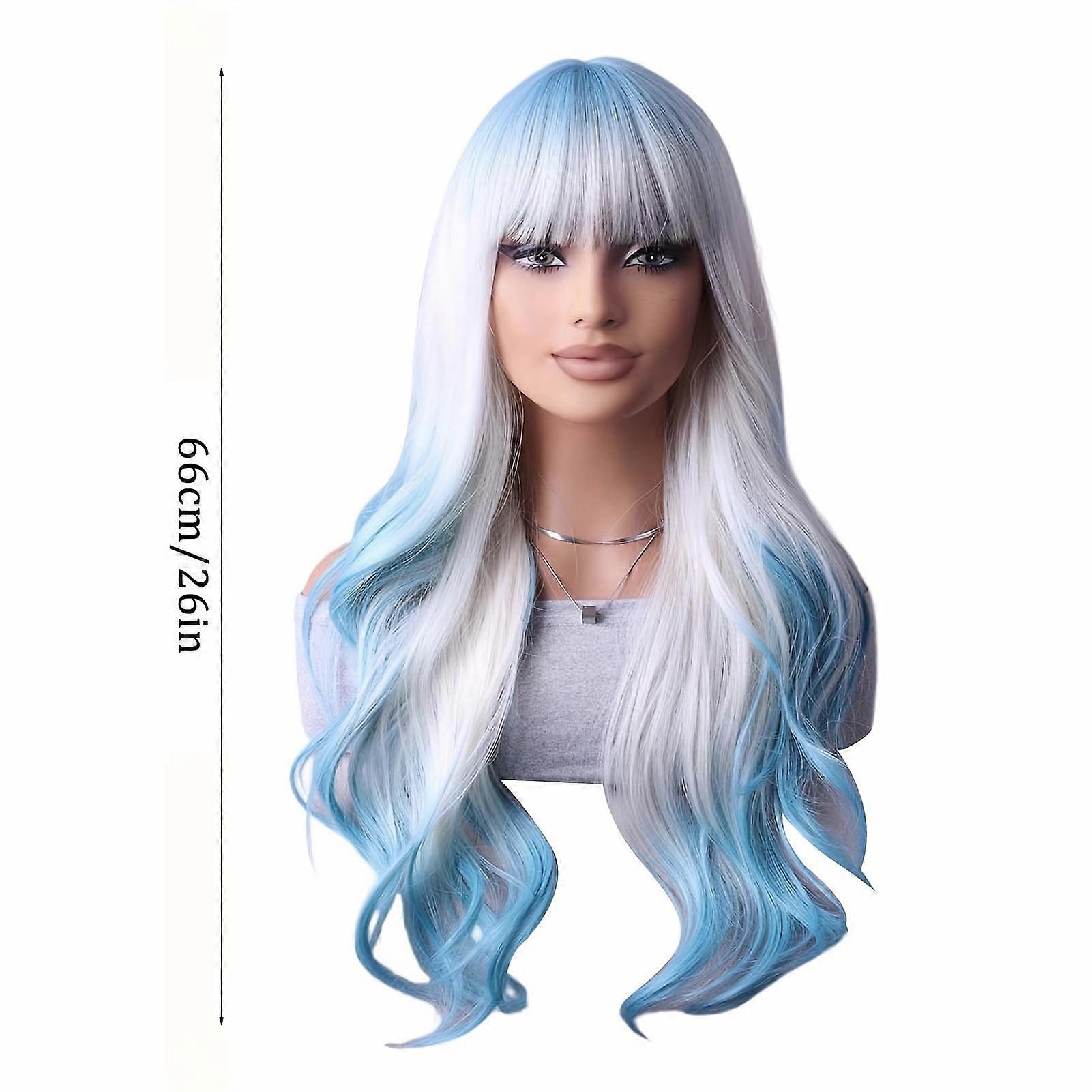 26 Inch Highlight Long Curly Wavy Wig With Bangs Synthetic Wig Beginners Friendly Heat Resistant Elegant for Daily Use Wigs for Women