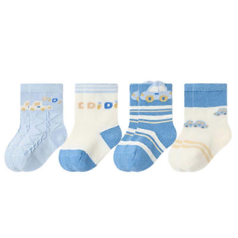 Assorted Cartoon Pattern Socks For Kid Meidum Calf Length Cotton No Scratch Stitching 4 Pairs Comfortable Socks  Blue XL