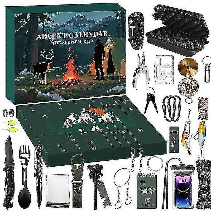 Κιτ επιβίωσης 25-26 με ημερολόγιο Advent 2025 για ενήλικες άνδρες, 24ήμερη αντίστροφη μέτρηση Χριστουγέννων με εξοπλισμό επιβίωσης για υπαίθρια κατασκήνωση, ψάρεμα, κυνήγι, πεζοπορία-γκολφ