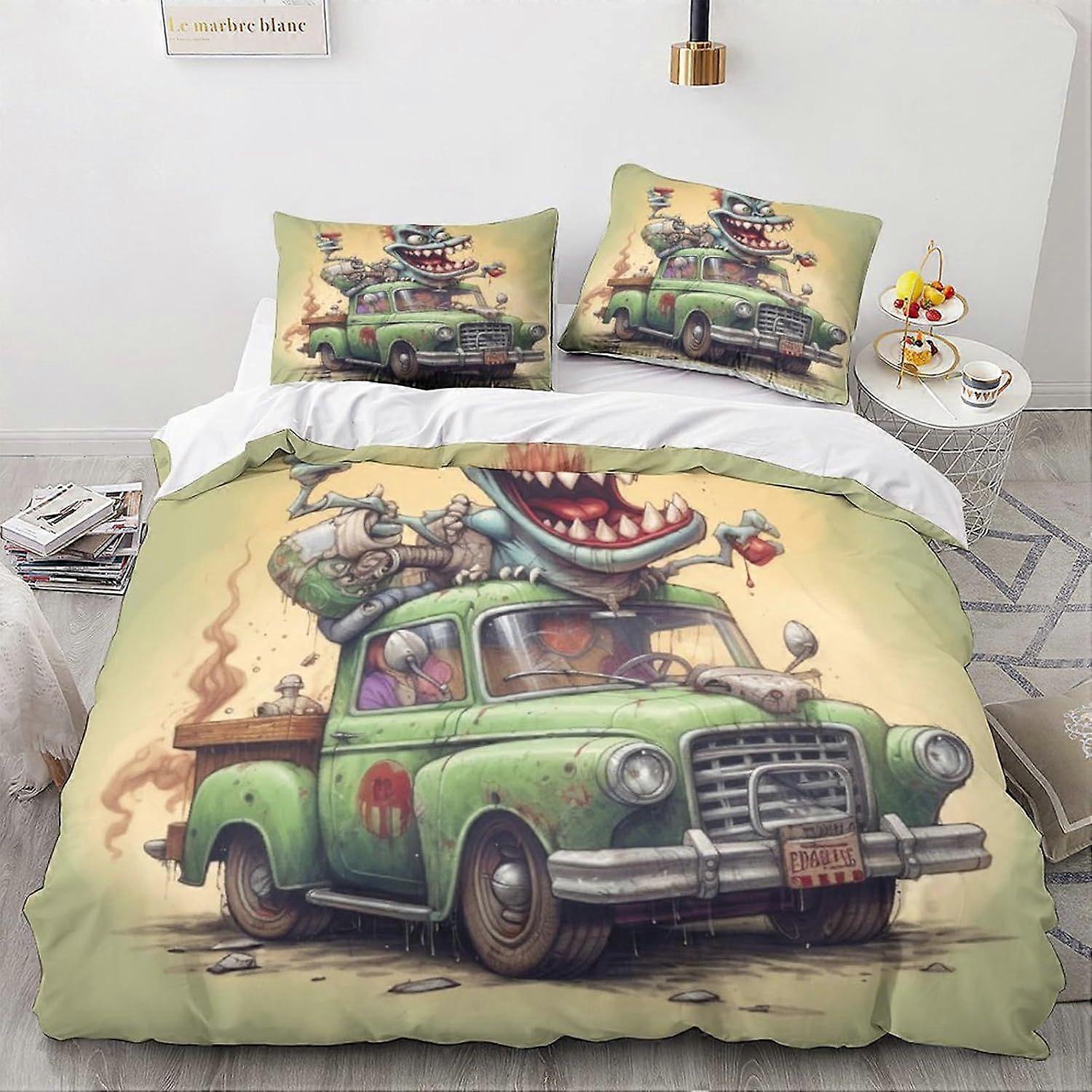 LikeEj monstros roupa de cama Set carro vintage capa edredom cartoon colcha capa edredom bonito macio com zíper de metal rei