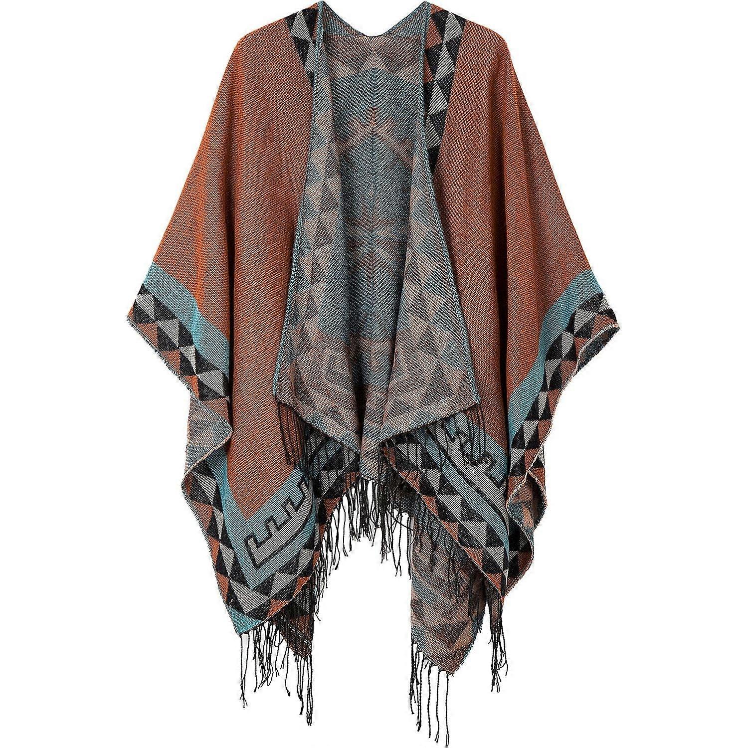 Women's Printed Cardigan Shawl with Front Fringe, Checkered Scarf with Puffed Corner Open Front with Wavy Shawl Wrap（Y0300）