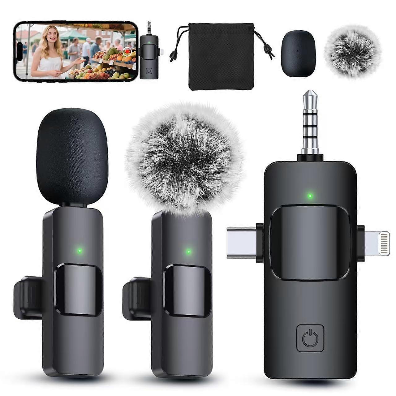 3 in 1 Wireless Lavalier Microphone with Noise Reduction Chip for iPhone Android Camera Streaming
