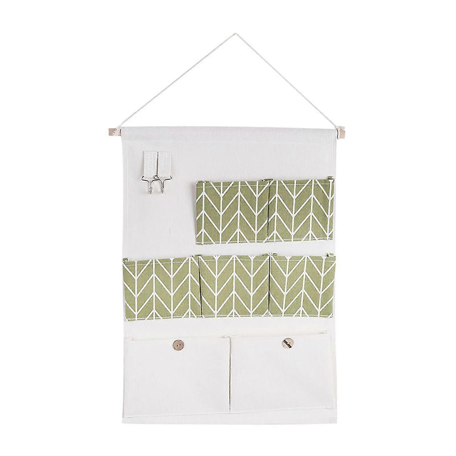 Wall Hanging Organizer 7Pocket Cotton Linen Over the Door Storage Bag with Key Hooks Green