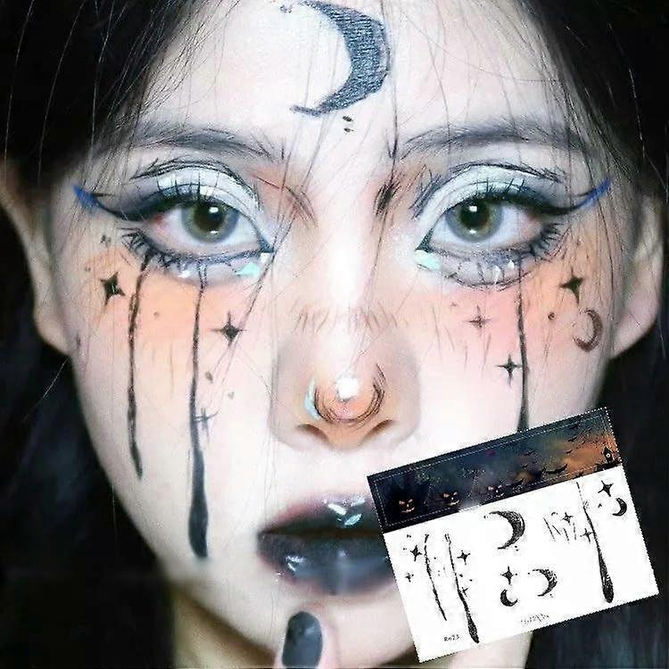 Halloween Temporary Tattoos Waterproof Dark Witch Face Stickers Teardrop Moon Star Makeup