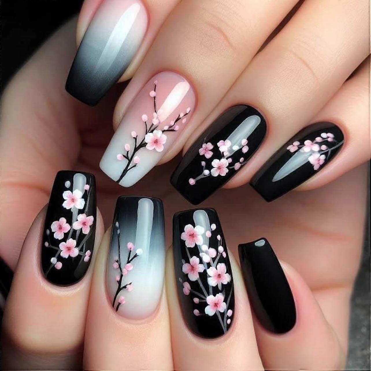 Medium Coffin Press on Nails Black Gradient with Spring Flower Design, 24Pcs Full Cover Set