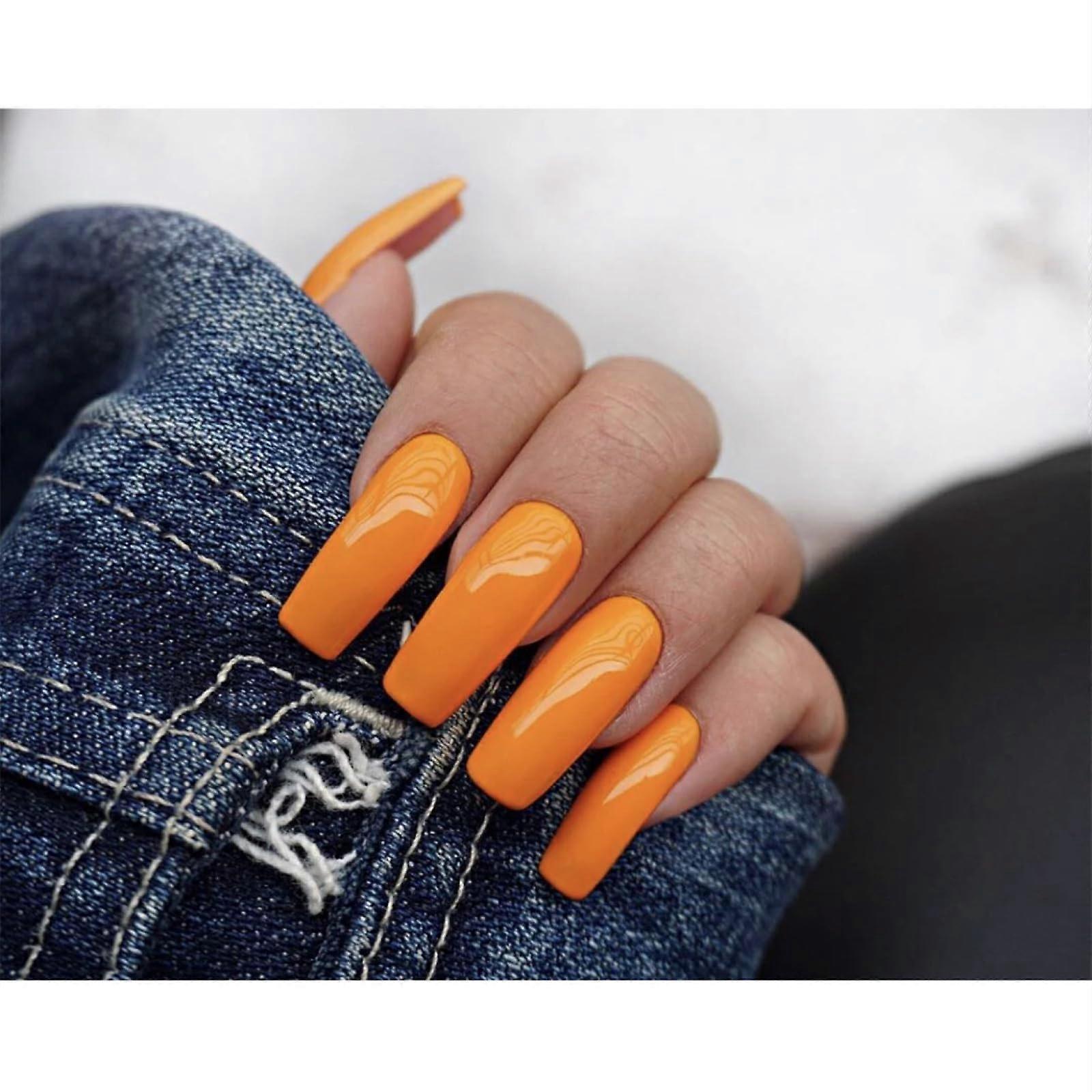Press On Nails with Adhesive Tabs Square Shape Fluorescent Orange Fake Nail Set 3 Boxes