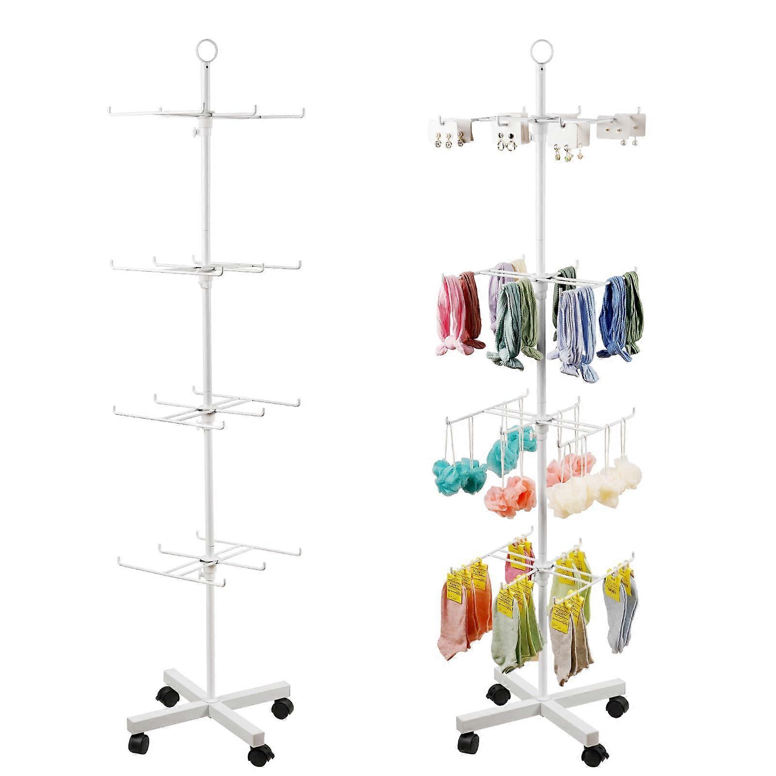 4 Tier Rotating Retail Display Stand with Adjustable Height, Lockable Wheels, White Metal
