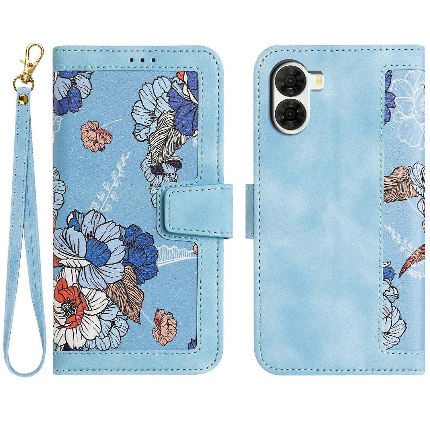 Floral Pattern Leather Phone Case with Lanyard