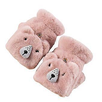 Women's Half Finger Gloves with Flip Top, Faux Rabbit Fur, Cartoon Bear Design, Warm for Writing Typing, Autumn Winter, 1 Pair