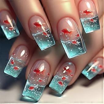 Square Press on Nail Fish Fake Nail Stick on Nail in 12 Sizes,24 Pcs French Nail Tips for DIY Nail Art Decorations