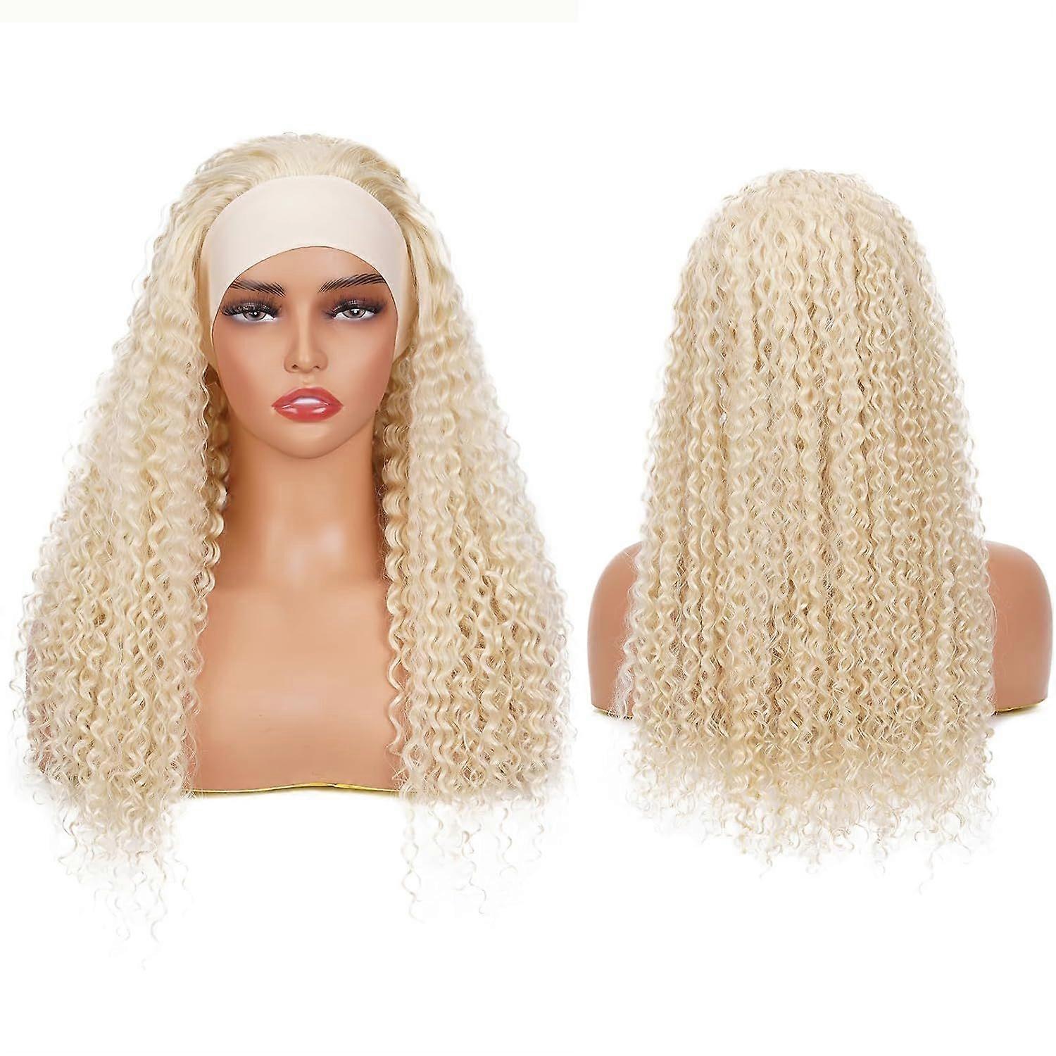Peruca de cabelo humano com faixa, loira cacheada, 613 cm (24 polegadas), 61 cm (24 polegadas), crespa e cacheada, sem renda frontal, para mulheres negras. Fabricada à máquina.