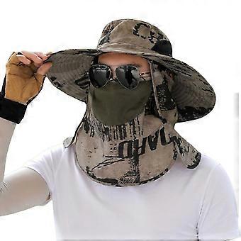 Men Fisherman Hat with Front Cover Large Brim Hollow Mesh Camouflage Print Anti-UV Sunlight Protection Quick Dry Great Breathability Outdoor Fishing T
