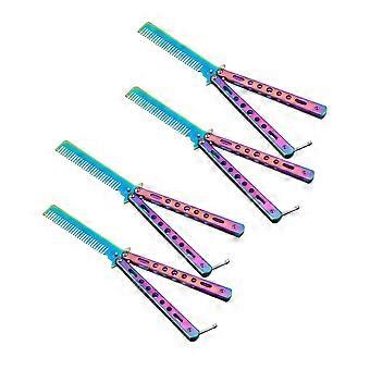 Foldable Hair Comb with Trimmer, Stainless Steel Butterfly, 4 Pcs, Sweat-Proof Styling Tools for Barber Training Gym Outdoor Travel
