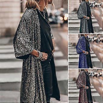 Chaqueta tipo cárdigan de manga tres cuartos, corte holgado, con lentejuelas y pespuntes abiertos, estilo streetwear, para mujer.
