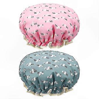 Shower Caps 2-Pack, Waterproof Double-Layer Reusable Caps with Elastic Band, Ruffled Edge & Ear Cover for Girls